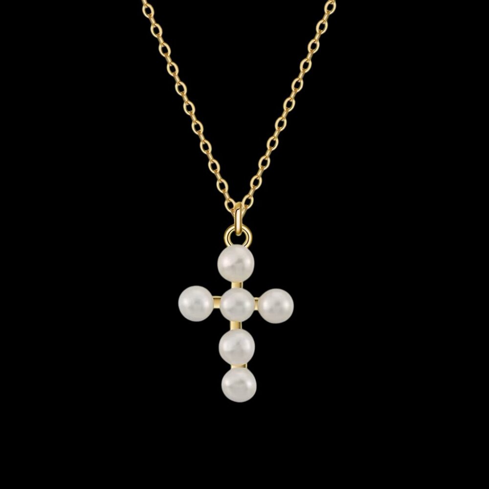 Gold Cross Necklace With Natural Freshwater Pearls